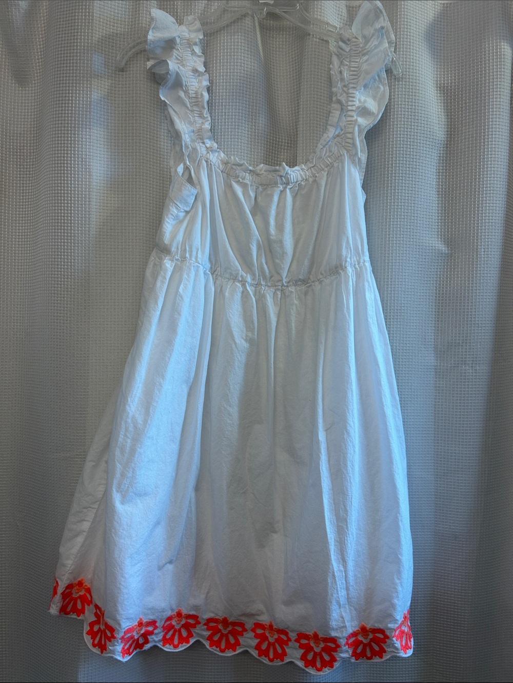 J.CrewWhite Sundress with Neon Orange Embroidered Floral Hem, Lined, Pockets